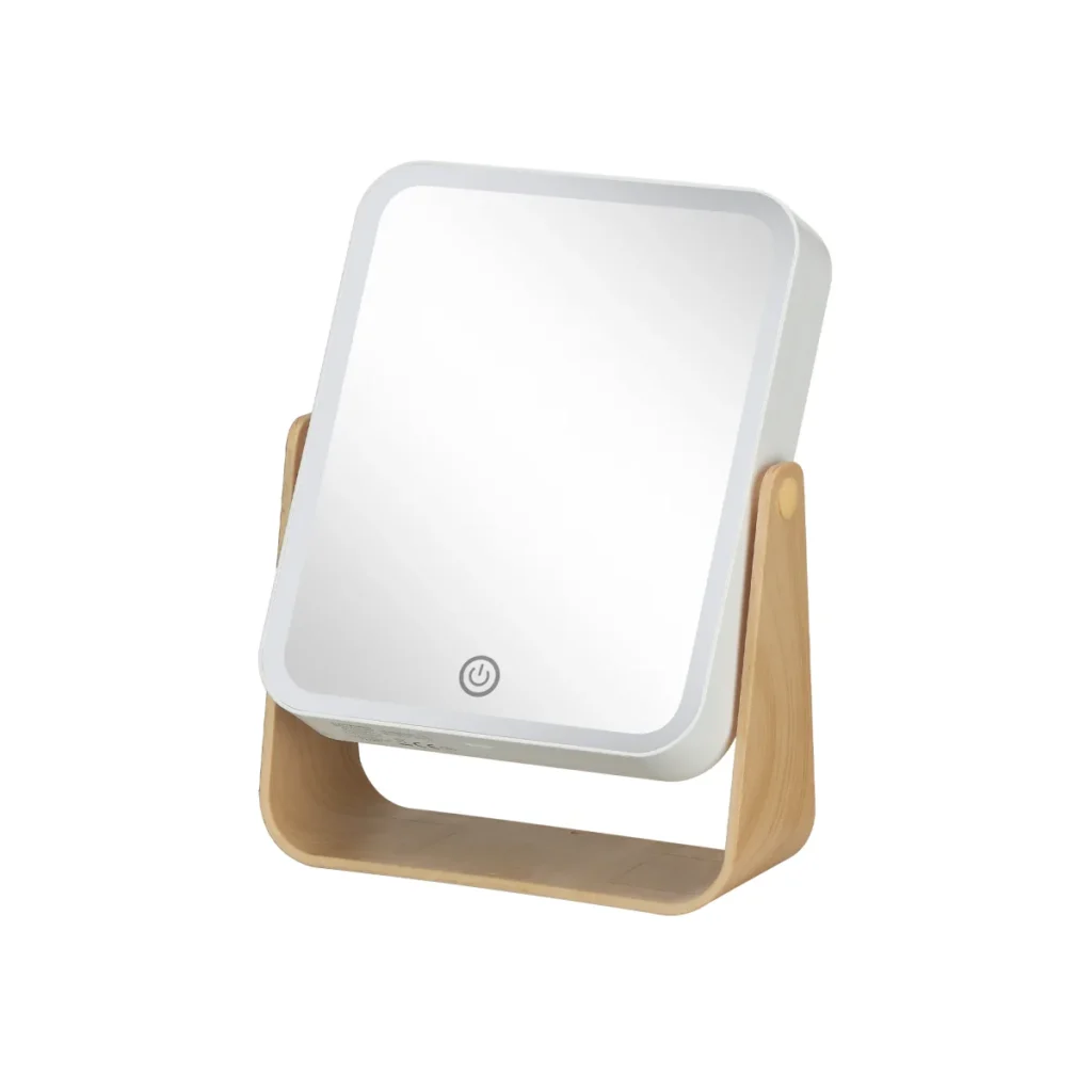 Wood-grain LED table mirror